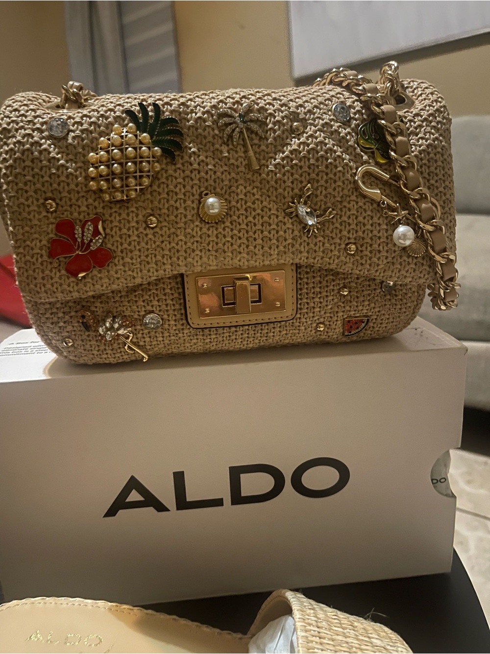 ALDO Tan Woven Block Heel Slide Sandals and Matching Shoulder/Crossbody Bag. - Picture 2 of 4
